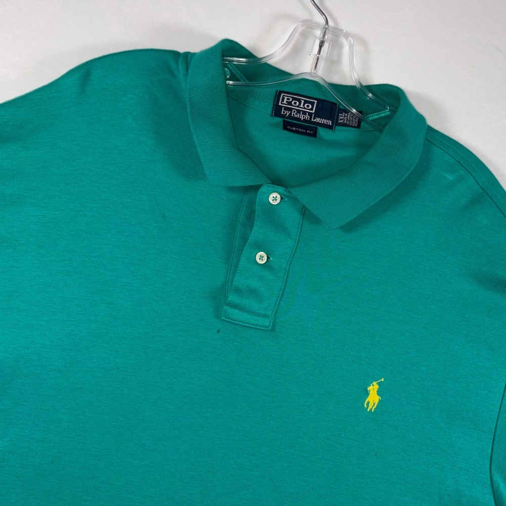 VTG Polo Ralph Lauren Vintage Custom Fit Teal Green Polo Shirt XXL Yellow Pony